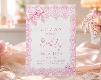 Pink Lace Birthday Invitation, Elegant Girls Princess Party (Digital Download)