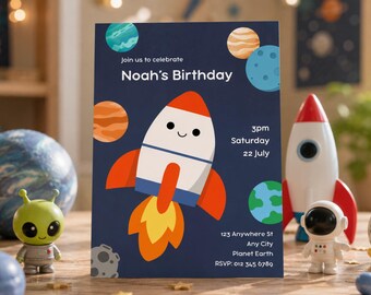 Space Birthday Invitation, Rocket Ship, Planets, Editable Template (Digital Download)