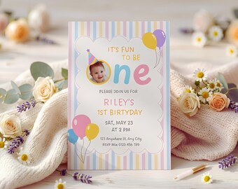 Pastel Photo First Birthday Invitation, Whimsical Stripes Party Template (Canva Download)