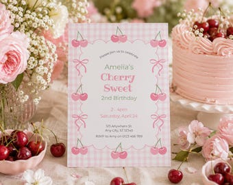 Cherry Sweet Birthday Invitation, Pink Gingham Party Template (Digital Download)