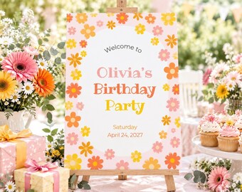 Retro Daisy Birthday Welcome Sign, Floral Party Decor (Digital Download)