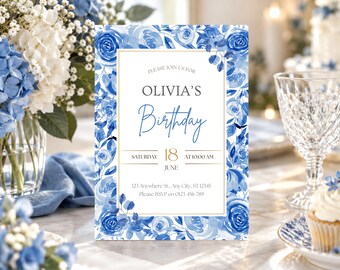Elegant Blue Watercolor Floral Birthday Invitation, Any Age Party Invite (Digital File)