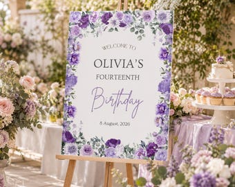 Purple Floral Birthday Welcome Sign, Elegant Party Decor (Editable Canva Download)
