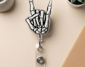 Skeleton Hand Badge Reel Retractable - Rock On Skull Hand ID Holder - Dark Humor Gift - Nurse Halloween Office Coworker Funny Badge Cli