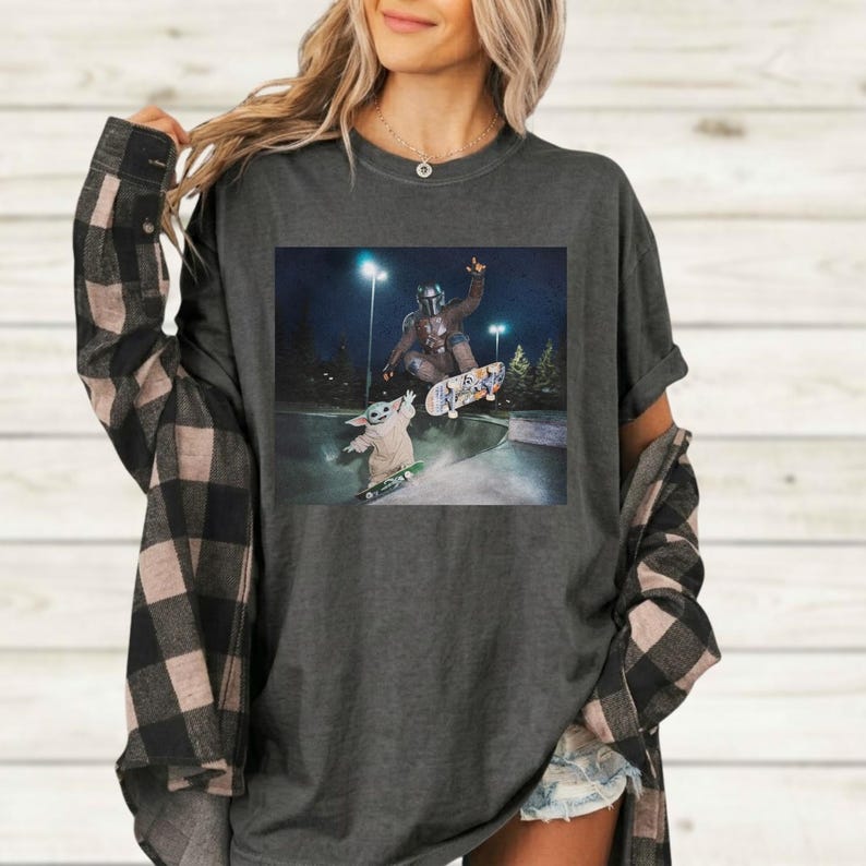 Vintage Star Wars The Mandalorian And Baby Yoda Shirt, Grogu Shirt, 90s Style Star Wars Shirt, Star Wars Skateboarding Tee, Disney Top