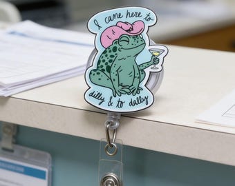 Funny Frog Badge Reel Retractable - Dilly Dally Cowgirl Frog Martini ID Holder - Cute Frog Lover Gift - Nurse Office Coworker Badge Cli
