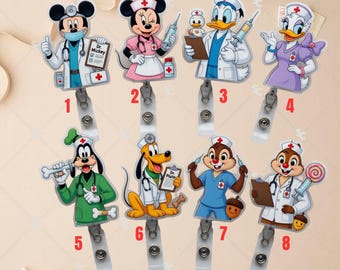 Custom Disney Mickey And Friends Badge Reel, Personalized Badge, Retractable ID Badge Holder, Gift For Nurse, Disneyland Magic Gifts