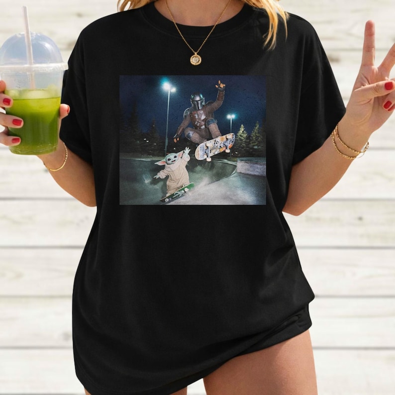Vintage Star Wars The Mandalorian And Baby Yoda Shirt, Grogu Shirt, 90s Style Star Wars Shirt, Star Wars Skateboarding Tee, Disney Top