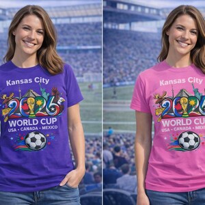 May include: Purple and pink t-shirts with the text "Kansas City 2026 World Cup USA Canada Mexico" and a soccer ball graphic. The shirts are short-sleeved and feature a colorful design.