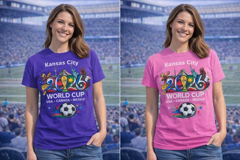 May include: Purple and pink t-shirts with the text "Kansas City 2026 World Cup USA Canada Mexico" and a soccer ball graphic. The shirts are short-sleeved and feature a colorful design.