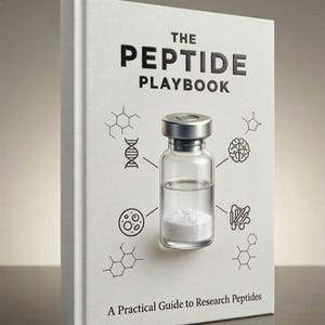 Könnte beinhalten: Ein Buch mit dem Titel "The Peptide Playbook" mit einem Fläschchen weißen Pulvers und einem silbernen Deckel auf dem Einband. Das Buch trägt den Untertitel "A Practical Guide to Research Peptides". Schwarze Strichzeichnungen von Molekülstrukturen umgeben das Fläschchen.