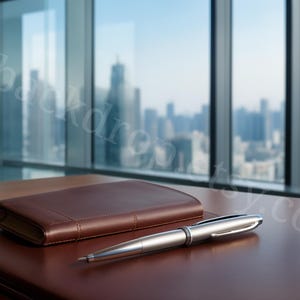 May include: A brown leather notebook and matching case rest on a wooden desk, accompanied by a silver pen. The scene is set against a backdrop of a cityscape viewed through large windows, suggesting a professional or executive setting.