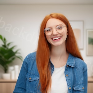 May include: A person with long red hair and round glasses smiles, wearing a denim jacket over a white top. The background features indoor plants and neutral furniture, creating a bright and welcoming atmosphere.