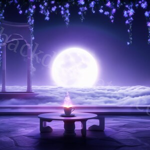 May include: A digital art scene featuring a full moon over a cloudscape. A small table holds a cup with a glowing flame. Purple flowers and architectural elements frame the view, creating a dreamy, ethereal atmosphere.