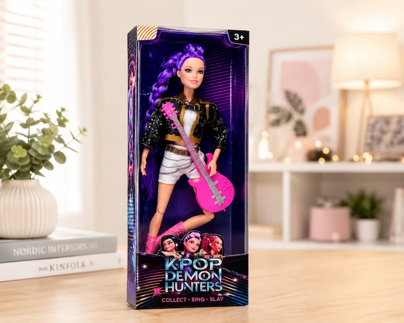 May include: A doll in a box, featuring a doll with purple hair, wearing a black jacket, white shorts, and pink boots, holding a pink guitar. The box has the text "KPOP DEMON HUNTERS" and "COLLECT - SING - SLAY".