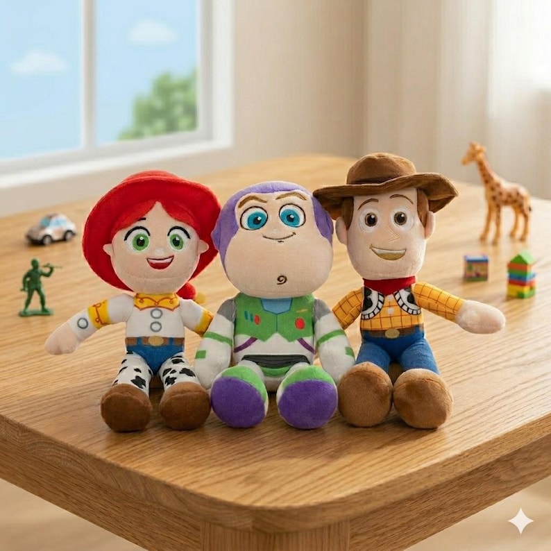 Pode incluir: Tr&ecirc;s bonecos de pel&uacute;cia dos personagens de Toy Story: Jessie com chap&eacute;u vermelho, Buzz Lightyear em traje espacial verde e branco e Woody com chap&eacute;u e colete de cowboy. Os bonecos est&atilde;o em uma mesa de madeira com acess&oacute;rios de brinquedo.