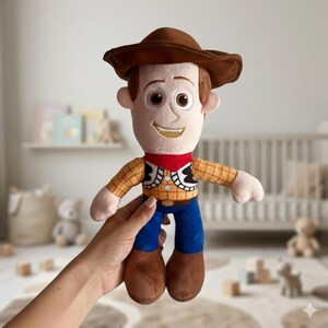 Pode incluir: Um brinquedo de pel&uacute;cia do personagem Woody da franquia Toy Story. A boneca tem um chap&eacute;u de cowboy marrom, uma camisa xadrez amarela, um len&ccedil;o vermelho, cal&ccedil;as azuis e botas marrons. O brinquedo &eacute; segurado em frente a um fundo desfocado.