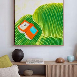 Green Sofa Orange Book Art Print, Minimalist Reading Scene (Digital Download)