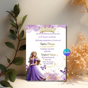May include: A sweet sixteen birthday invitation featuring a princess illustration in a purple gown. The invitation includes gold accents, butterflies, and event details such as the date, time, and location.