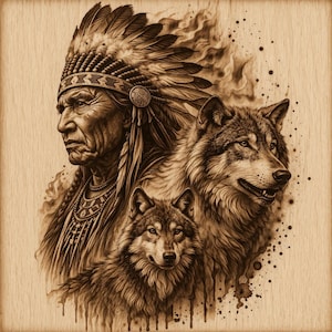 May include: Sepia-toned illustration of a Native American man in a feathered headdress, alongside two wolves. The artwork has a detailed, textured appearance, with a focus on the man's profile and the wolves' fur. The background is a wood grain texture.