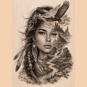 Pode incluir: Uma ilustração detalhada a preto e branco num fundo de madeira clara com o retrato de uma pessoa com cabelo entrançado adornado com penas e joias, fundindo-se com uma paisagem de montanhas rochosas, um rio e uma águia.