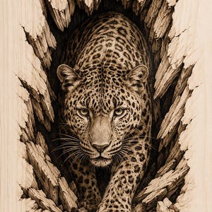 May include: A wood burning art piece featuring a detailed leopard emerging from a jagged, broken hole in a light-colored wooden surface. The leopard has distinct dark spots, forward-facing eyes, and whiskers, rendered in shades of brown and black.