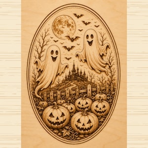 May include: A light-colored wooden plaque featuring an oval laser-engraved illustration of two ghosts floating above a pumpkin patch. The scene includes a full moon, flying bats, a distant castle, a wooden fence, and several carved jack-o'-lanterns.