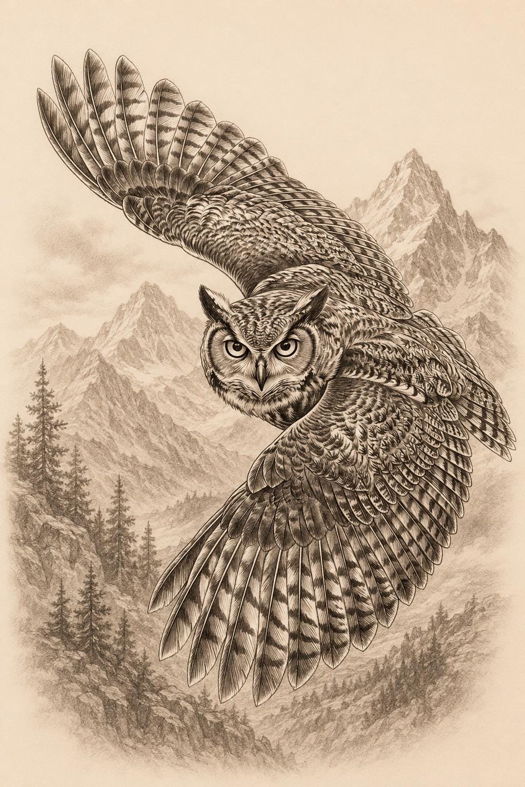 Flying Owl Mountain 3D Illusion Laser Engraving PNG | Wildlife Grayscale Wood Burn | LightBurn Compa