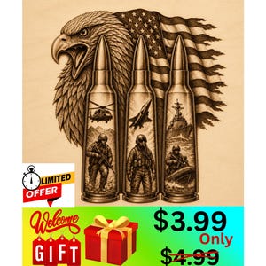 May include: A wood-toned laser-engraved graphic featuring a bald eagle head and a waving American flag behind three large bullet casings. Each casing contains a detailed scene depicting military personnel, a helicopter, a jet, and a naval ship.