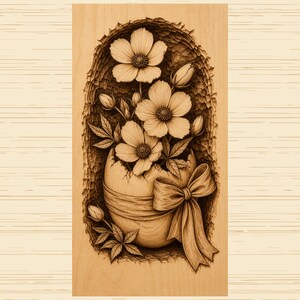 May include: A rectangular wooden plaque featuring a laser-engraved illustration of flowers emerging from a cracked eggshell. The design includes a prominent bow tied around the shell, set within a textured, recessed oval frame on a light wood grain.
