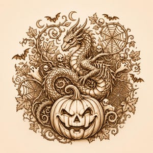 May include: A sepia-toned illustration featuring a central dragon coiled around a carved jack-o'-lantern pumpkin. The scene is surrounded by intricate details including maple leaves, spider webs, small skulls, flying bats, and ghosts.