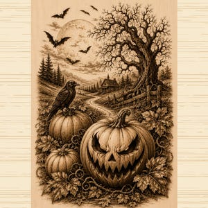 May include: A wood-burned art piece featuring a dark, detailed Halloween scene. A large, carved jack-o'-lantern with a menacing face sits in the foreground among leaves, with two smaller pumpkins, a crow, bats, a full moon, and a bare tree.