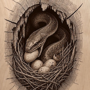 Può includere: Un'illustrazione dettagliata incisa su legno chiaro che raffigura un serpente raggomitolato all'interno di un nido nel cavo di un tronco d'albero. Il serpente ha la bocca aperta e tiene un uovo maculato, circondato da altre uova in un nido di rametti.
