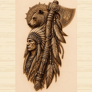 May include: A sepia-toned wood engraving featuring a profile of a person wearing a feathered headdress, positioned next to a large axe. The axe handle is wrapped in leather and feathers, and the blade displays a bear paw print and a bear head.