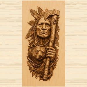 Native American Warrior Bear Ceremonial Axe 3D Laser Illusion File | Tribal Wood Engraving Wall Art | Glowforge LightBurn