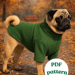 May include: A tan pug wearing a green fleece dog coat stands on a path covered in fallen leaves. The dog is in a park setting with a blurred background of trees and a bench. A white circle with the words "PDF pattern" is in the lower right.
