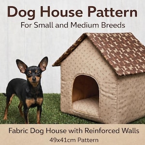 Può includere: Una cuccia per cani in tessuto beige con pareti rinforzate, per razze piccole e medie. Il tetto presenta un motivo a ossa marroni. Misure: 49x41cm.