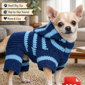 May include: A small dog wearing a blue and light blue striped knitted jumpsuit. The image includes the text "Knitted Dog Jumpsuit Pattern", "Small Dog Size", "Step-by-Step Tutorial", "Warm & Cozy", and "Easy Knitting Master Class". A PDF icon is in the lower right corner.
