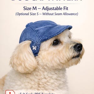 Puede incluir: Un perro pequeño con una gorra vaquera azul. La imagen incluye el texto "Printable DOG CAP PATTERN" y "Size M - Adjustable Fit". La plantilla PDF es para perros pequeños y medianos.