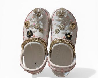 Luxury Pearl & Gold Charm Custom Clogs | Bling Croc Style Shoes Handmade Rhinestone Slides | Women Footwear | Gift for Her