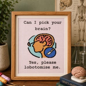 Op de afbeelding: Een ingelijste kruissteek met de tekst "Can I pick your brain?" en "Yes, please lobotomise me." Het ontwerp bevat een hersenillustratie en een chirurgisch instrument. Anatomieboeken en een hersenmodel zijn zichtbaar op de achtergrond.
