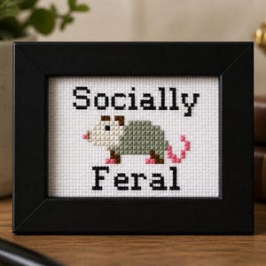May include: A framed cross-stitch featuring a possum with the words "Socially Feral" in black block letters. The possum is gray, white, and pink. The frame is black and sits on a wooden surface.