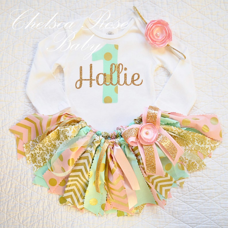 Pink Mint and Gold Fabric tutu outfit~ First Birthday tutu set~ 2nd Birthday Outfit~ Pink Mint Gold Birthday~ Birthday~ baby girl