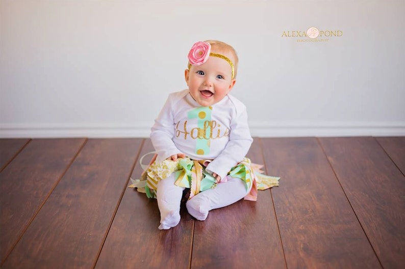 Pink Mint and Gold Fabric tutu outfit~ First Birthday tutu set~ 2nd Birthday Outfit~ Pink Mint Gold Birthday~ Birthday~ baby girl