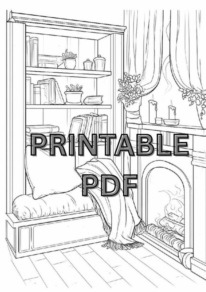 Cozy Reading Nook Coloring Page | Book Lover Relaxing Printable (PDF ...