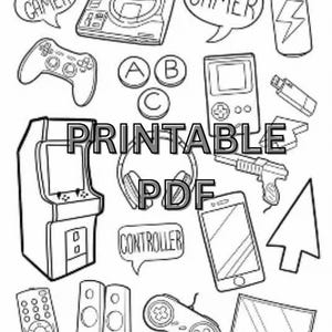 Puede incluir: Ilustración en blanco y negro de elementos relacionados con los videojuegos. Incluye una consola de videojuegos, un mando, una máquina recreativa, auriculares, un smartphone y bocadillos con las palabras "VIDEO GAMER", "GAMER" y "CONTROLLER". También está presente el texto "PRINTABLE PDF".