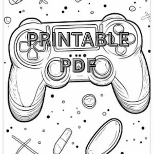 Puede incluir: Ilustración en blanco y negro de un mando de videojuegos con las palabras «PRINTABLE PDF» en el centro. La imagen está rodeada de varios iconos relacionados con los juegos, como una consola, un mando y otras formas.