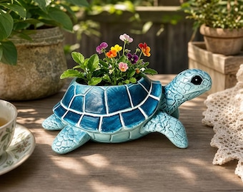 Jardinière de succulentes tortues, pot de tortue bleue, jardinière d'animaux en résine, décoration de jardin côtier, ornement de maison de plage, cadeau pour amoureux des plantes