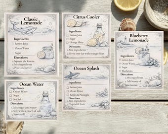 Coastal Mud Kitchen Receptkaarten | Doen alsof limonadestandaard afdrukbaar | Montessorimaterialen, buitenspelen, natuurspelen, thuisonderwijs in het bos