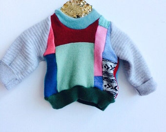 FOLD Baby 0-3 Months Jumper Sweater Patchwork Top Double Layer in Cashmere Handmade Upcycled Unisex